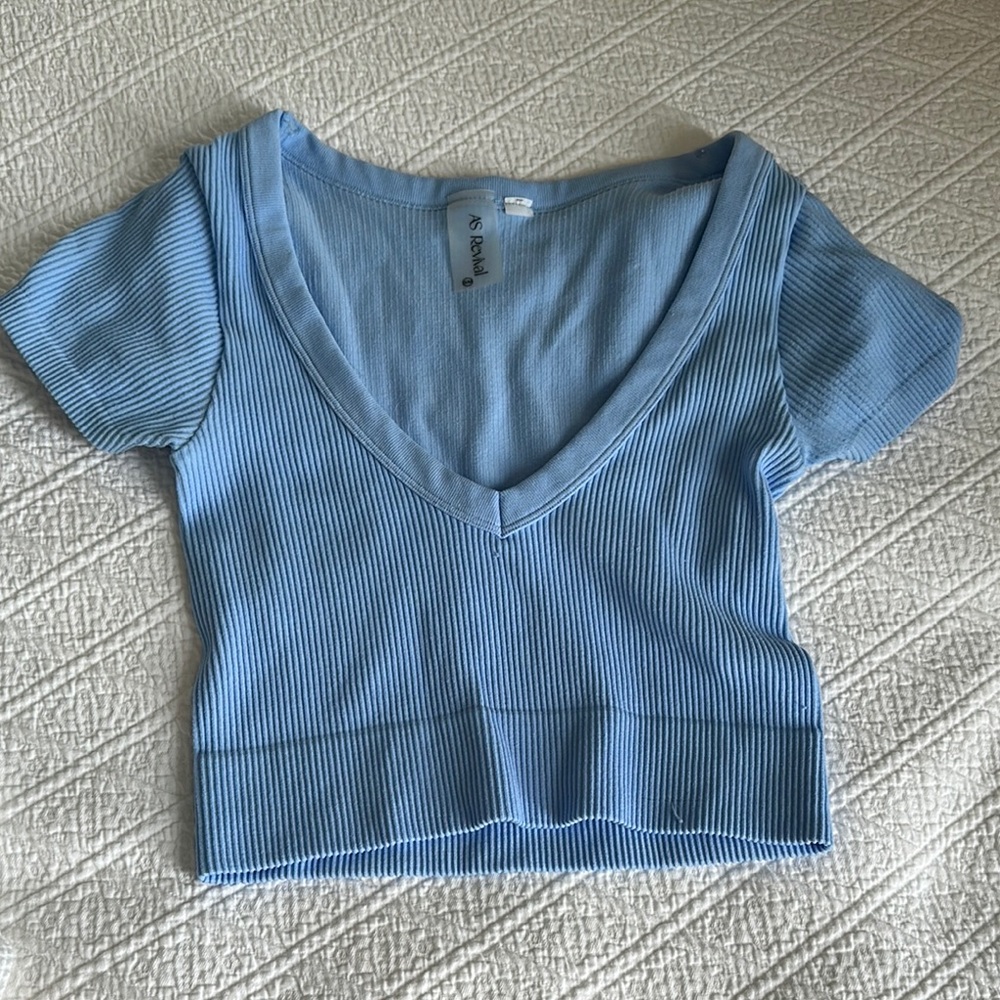Women's Blue Ribbed V-Neck Top